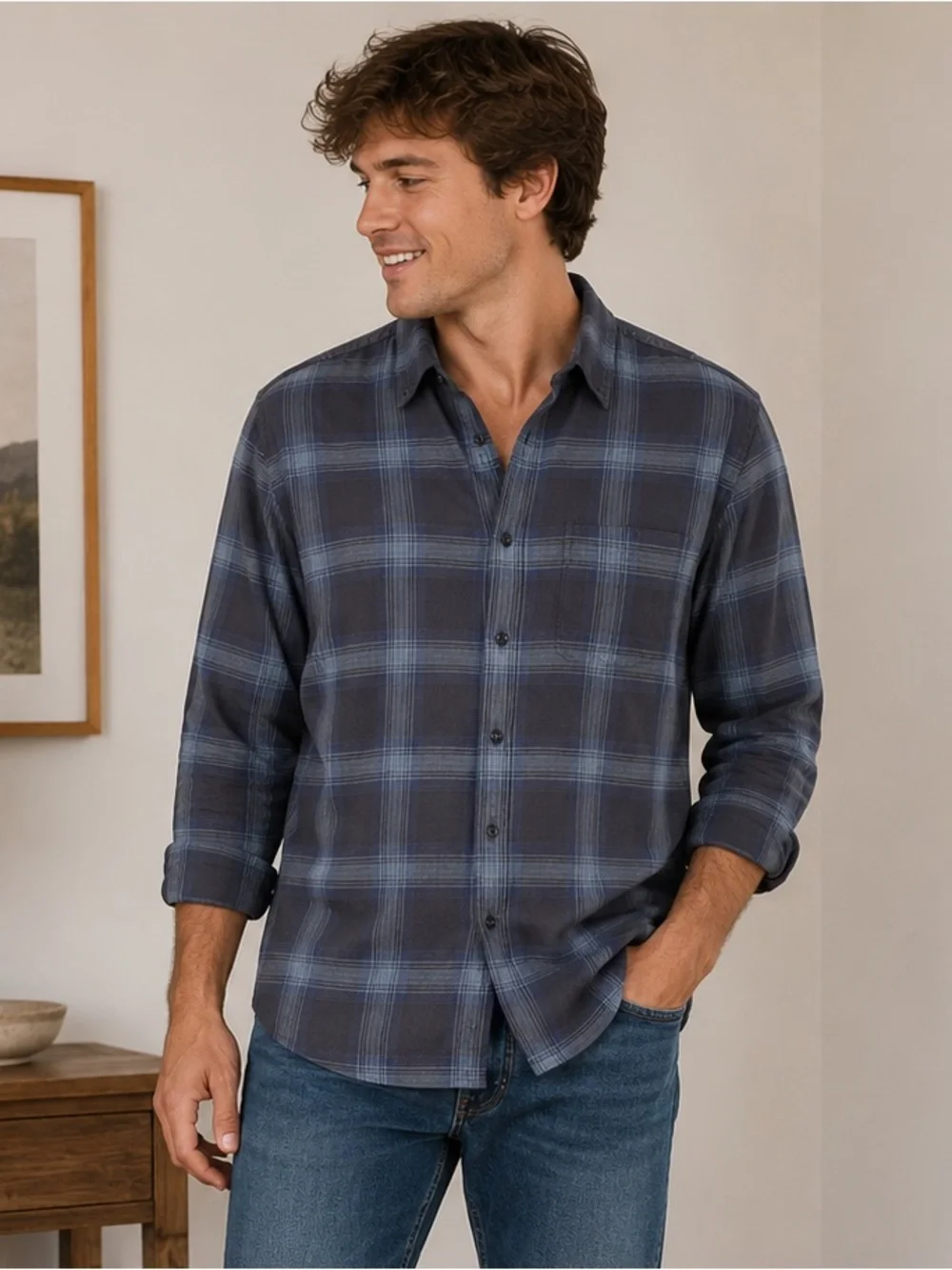 Banana Republic Luxe Flannel Slim Fit Plaid Button Down Shirt Blue Gray Medium